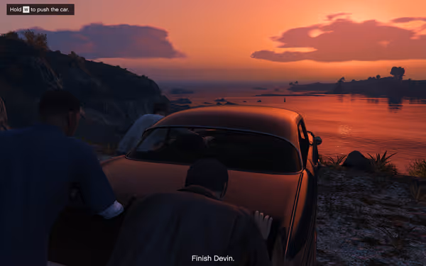 The image shows three characters pushing a car during sunset, with a scenic view.