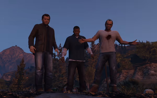 The image shows three men standing outdoors, one with blood on his shirt.