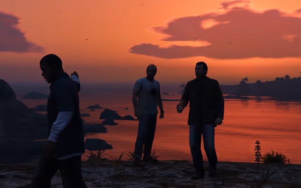 Three men stand on cliff at sunset, orange sky reflected on water below.