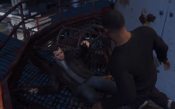 A man lies on a metal platform holding a pistol while another confronts him.