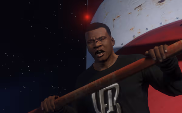 Man in black shirt holding red pole stands near large round structure under starry sky.