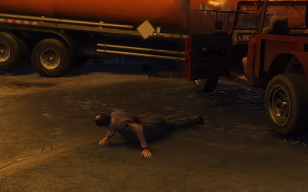 A wounded man with blood stains painfully crawls on the road beside an open red jeep.