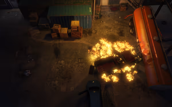A fiery explosion from a truck, with crates and two figures sitting nearby.