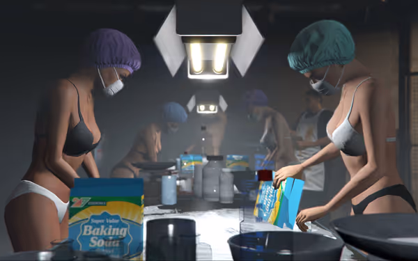 Women in underwear, masks, and hairnets prepare powder and baking soda in lab under bright lights.