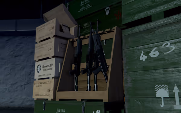 Several rifles are displayed on a wooden rack, surrounded by wooden crates and green boxes.