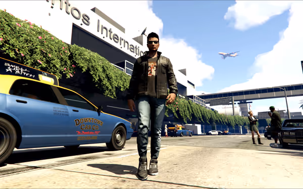 A man in a leather jacket walks past a taxi near an airport terminal.