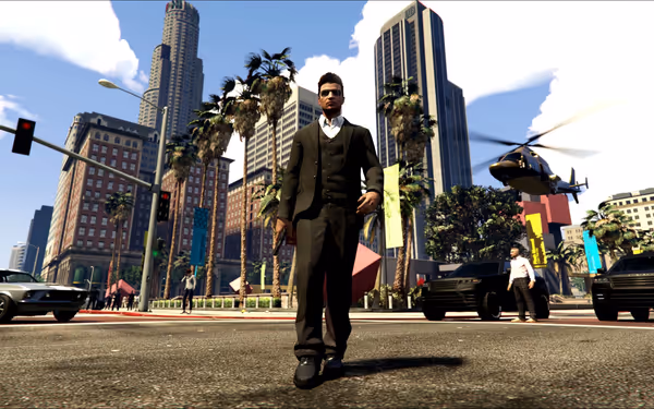 Man in dark suit walks down city street with tall buildings and helicopter overhead.