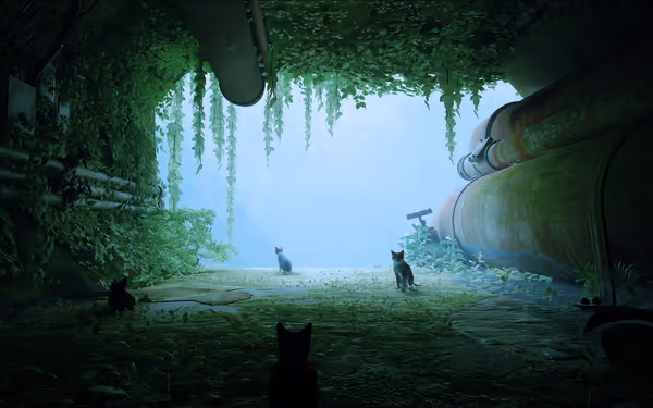 Four cats sit in a lush green tunnel with pipes and misty blue light ahead.