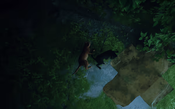 A brown cat and black cat lie together on mossy ground surrounded by greenery.