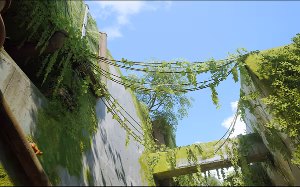 Vines and moss cover concrete walls and pipes under blue sky, with an orange cat climbing.