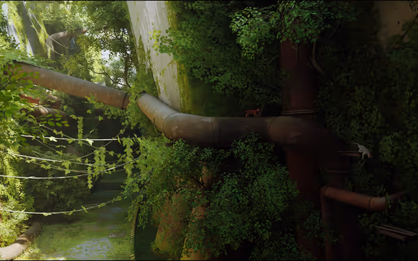 Overgrown pipes and lush green vegetation cover an abandoned interior bathed in sunlight.