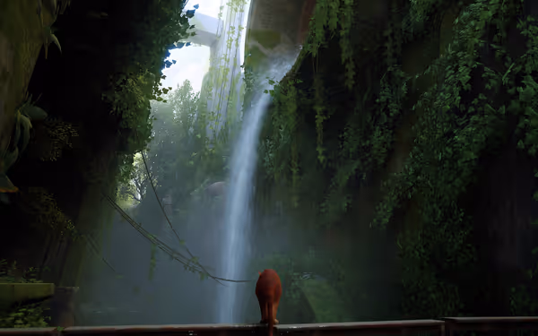 A small, reddish animal looks at a waterfall cascading down a concrete structure overgrown with vines.