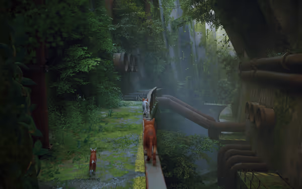 Three cats walk through an overgrown, mossy area with large rusty pipes and dense foliage.