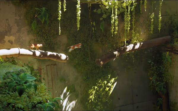 A cat stands on a railing, gazing at a waterfall in a green cavern.