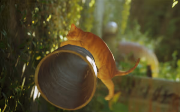 A ginger cat climbs a large metallic pipe, surrounded by green plants and foliage.