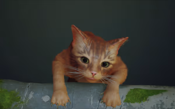 An orange cat clings to a mossy pipe, looking down with wide eyes.