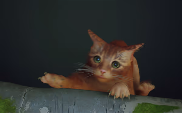A brown cat with green eyes hangs desperately from a pipe, eyes wide with fear.