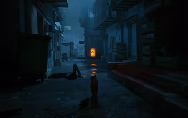 A brown cat walks down a dark alley toward a glowing orange neon sign.
