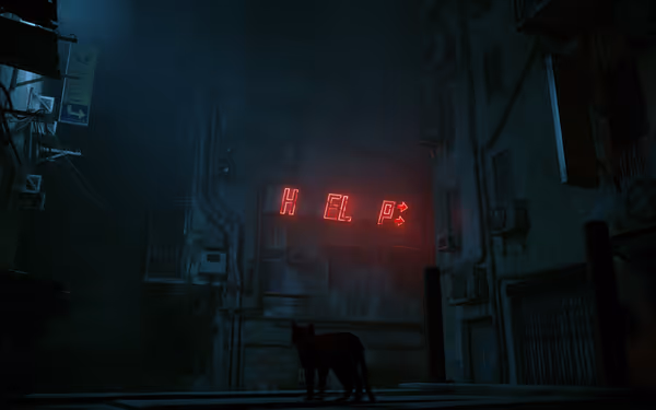 A cat stands before a neon "HELP" sign on a dark, rundown building.