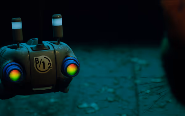 A small hovering robot labeled B12 glows beside an orange cat in darkness.