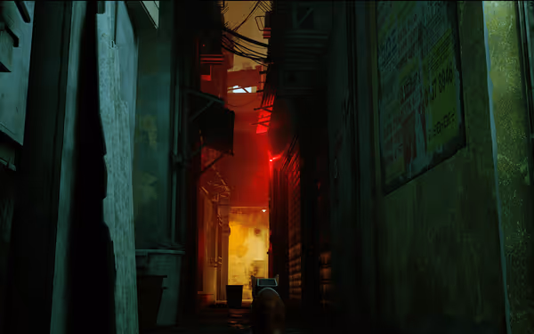 A cat with a device on its back stands in a dimly lit, narrow alley with neon lights.