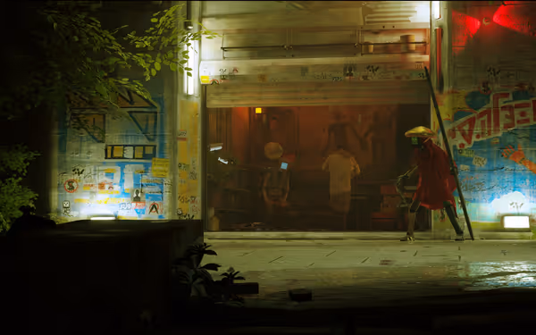 Two robots stand outside a brightly lit building covered in painted murals and graffiti.