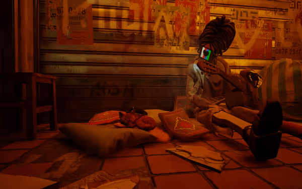 A cat sleeps on a pillow near a robot playing guitar in a cozy room.