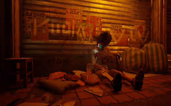 A robot with a TV for a head plays guitar beside a sleeping cat on cushions.