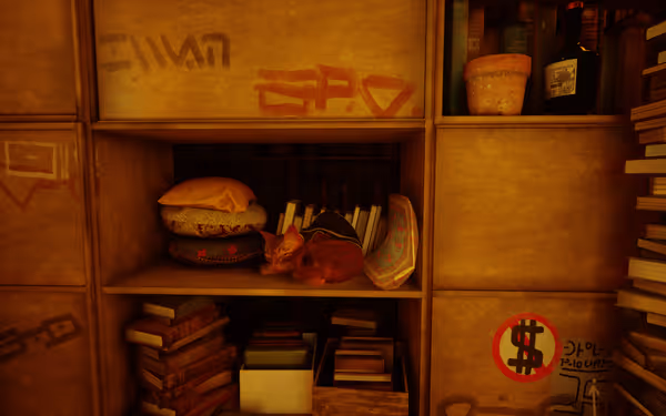 An orange cat sleeps on a shelf filled with books, pillows, and various objects.