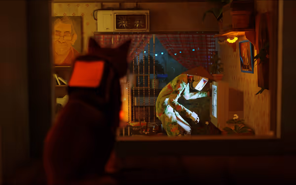 A cat wearing a small backpack looks through a window at a robot tending plants.