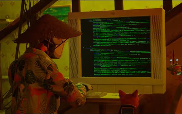 A person in a floral shirt is typing on a computer displaying green code, with a robot and cat nearby.