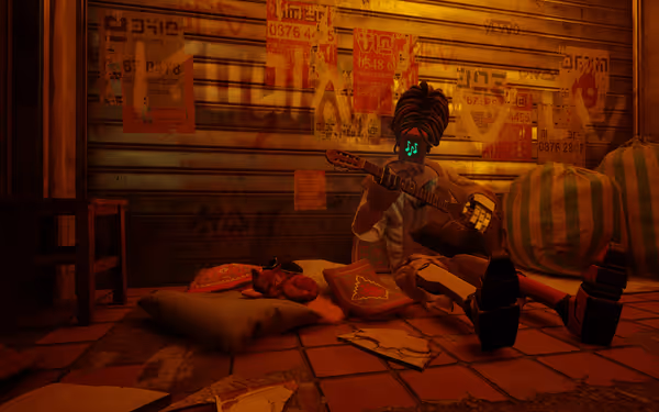 A robot with a musical note face plays guitar beside a sleeping cat on pillows.