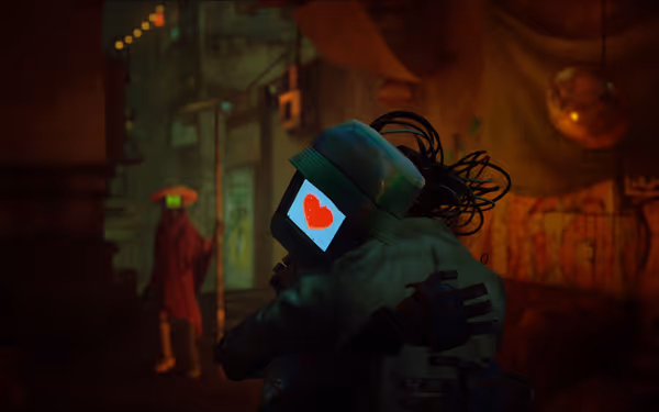 Two robots embrace warmly, one displays a heart on its screen, in a dark alley.