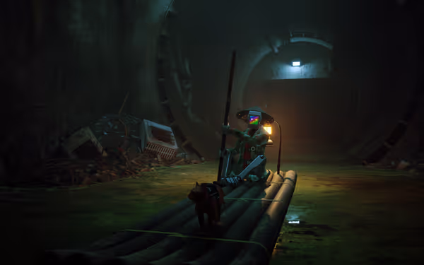 A robotic figure with a screen for a face paddles a raft in a sewer tunnel, accompanied by a cat.