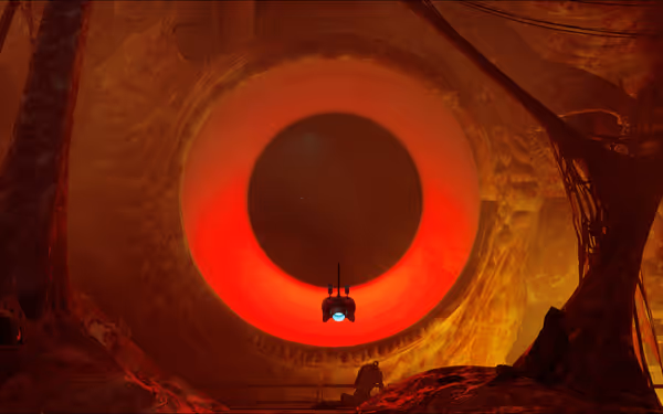 A large glowing red eye dominates the scene, with a small robot flying nearby in a surreal, organic environment.