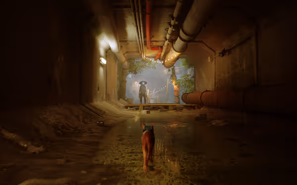 A cat with a device walks through a wet pipe tunnel toward a robot standing in doorway light.