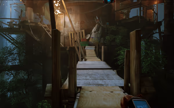 A wooden bridge leads to a treehouse with glowing lights, surrounded by plants and trees.