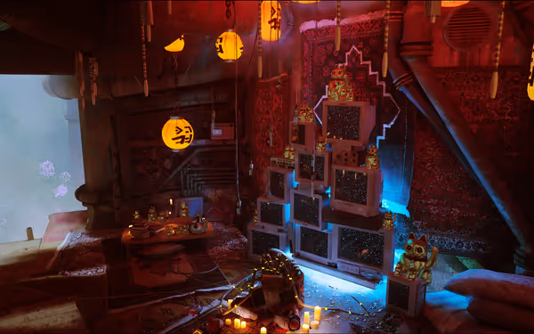 Colorful Asian lanterns hang above stacked monitors displaying ornate decorations.