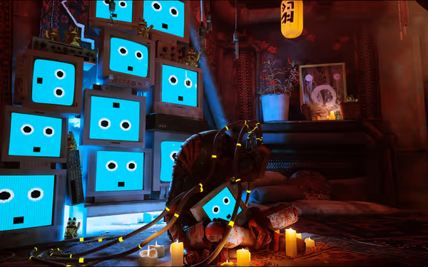 A robotic figure sits surrounded by old monitors displaying pixelated faces, candles, and decorations.