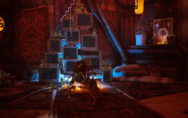 An orange cat faces a cluster of stacked monitors showing static in a warmly-lit cozy room.