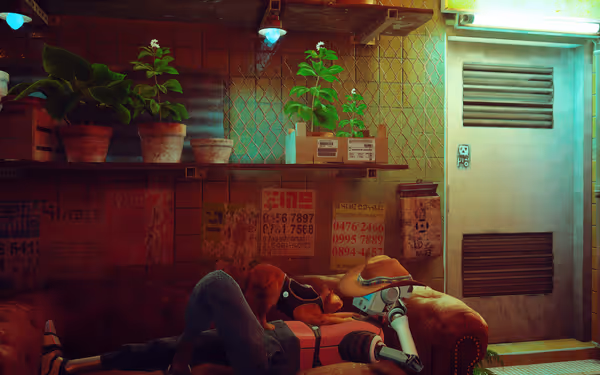 A cat stands on a reclining robot with a cowboy hat in a cozy room.