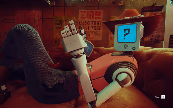A robot with a screen displaying a question mark lounges on a couch, wearing a cowboy hat.