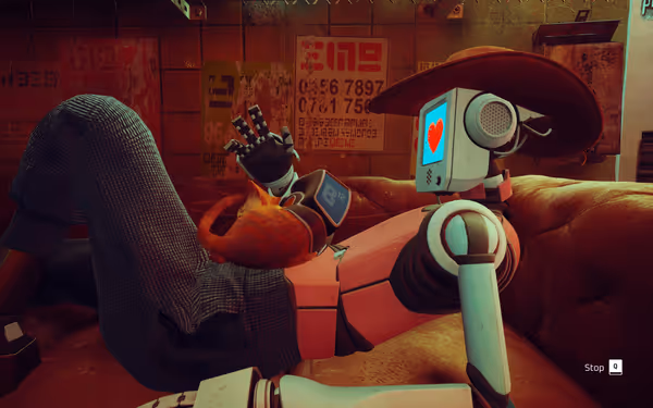 A robot with a heart icon on its screen cuddles a small orange cat on a couch.