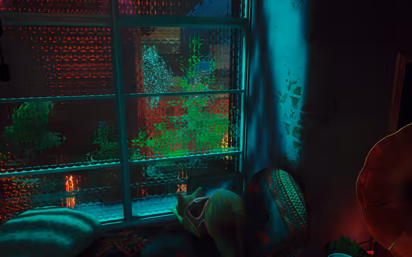 A cat wearing a harness looks out through textured glass at neon-lit plants.