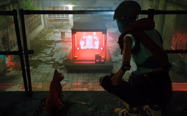 A cat and a robot look over a balcony at a glowing red machine in a dilapidated courtyard.