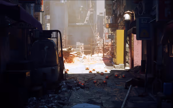 A narrow alley with scattered debris, damaged buildings, and glowing robotic spheres.