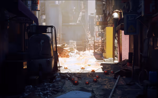 A narrow, damaged alley with scattered debris, a small robot, and urban destruction.