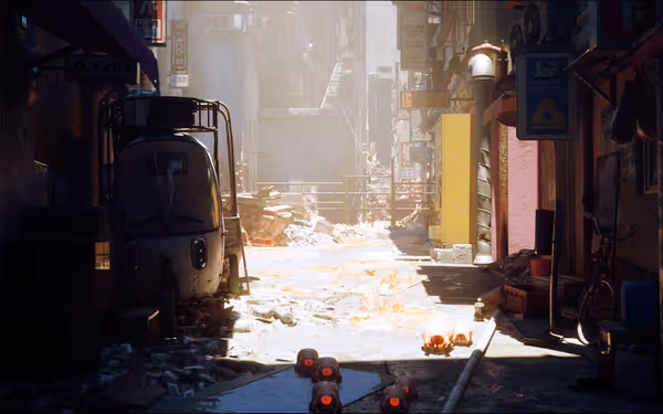 An empty alley with broken car and glowing red-eyed creatures lit by bright sunlight ahead.