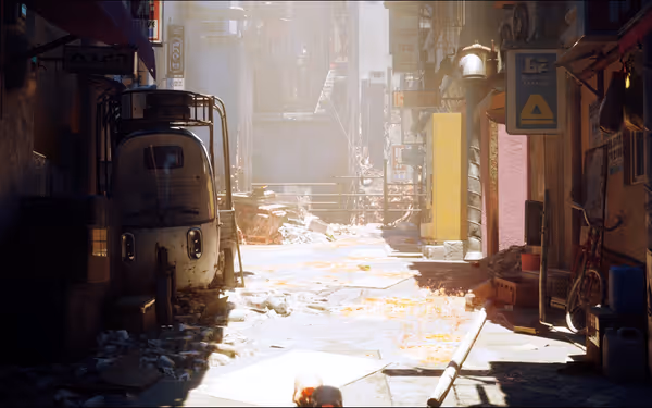 A sunlit alleyway with scattered debris, a small vehicle, and no people in sight.