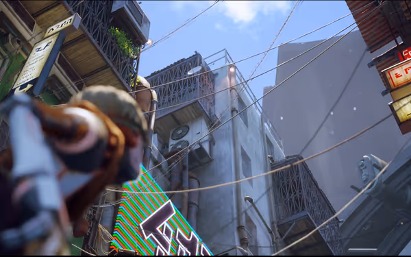 A futuristic alleyway with neon signs and a figure in the foreground, looking upwards.